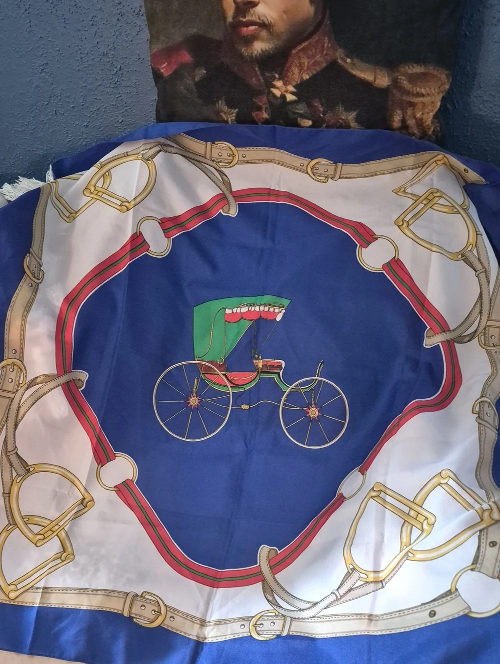 Silk-Style Scarf with Carriage Motif in Royal Blue, White, Green